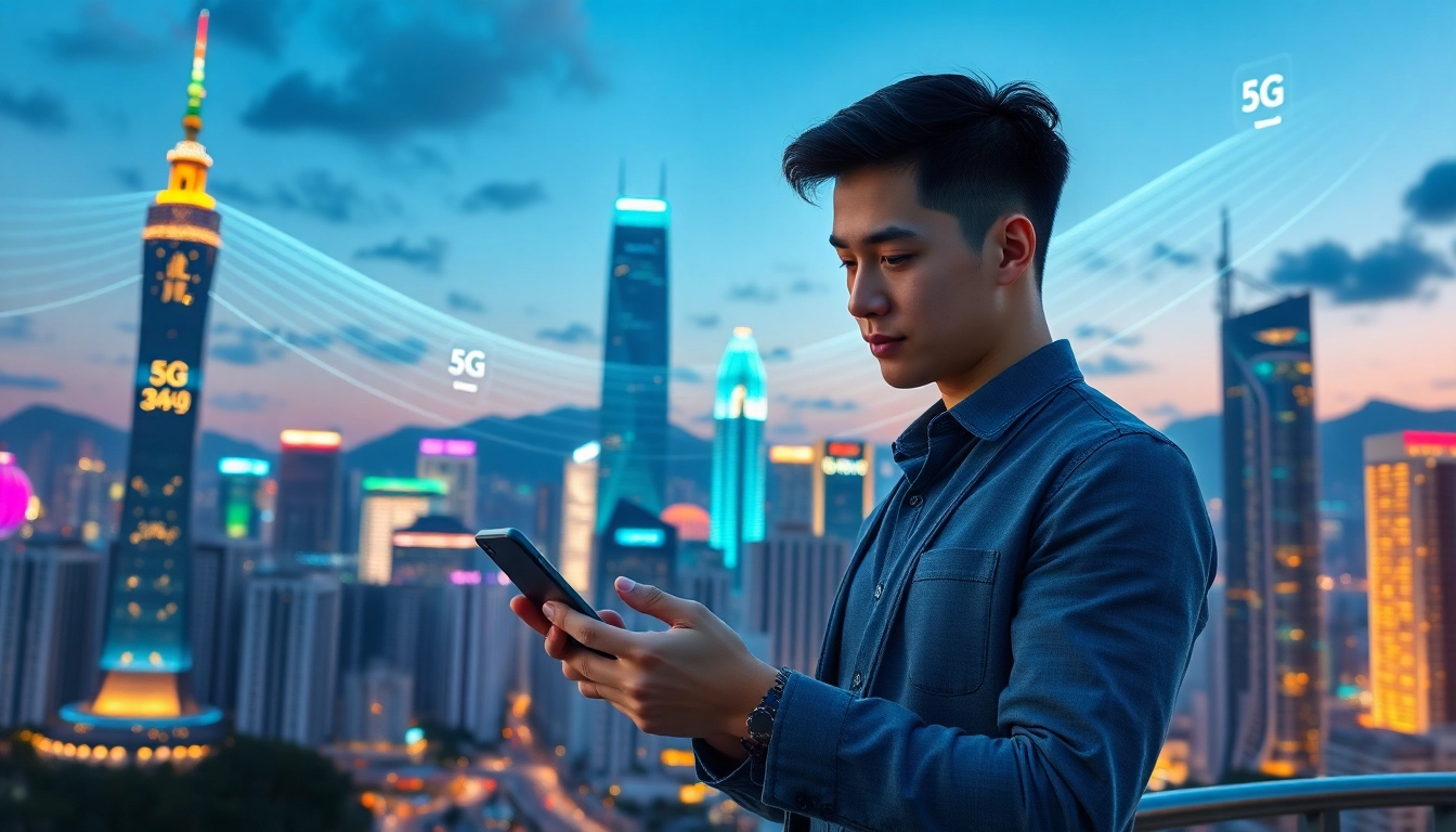 香港繁忙都市夜景，背景有5G信號波動，展現高速連接科技氛圍，一位年輕專業人士用智能手機體驗5G網路。