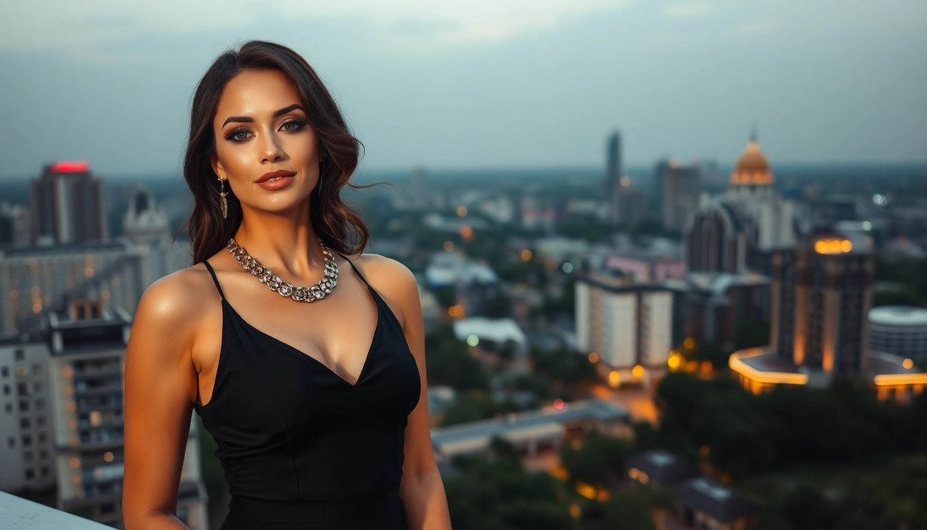 An upscale Bangalore Escort Service-themed portrait featuring a stunning woman in elegant evening wear, embodying sophistication and allure for high-end clients.