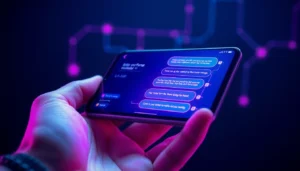 Futuristic digital chat interface with vibrant neon colors and data graphics on a handheld device screen.