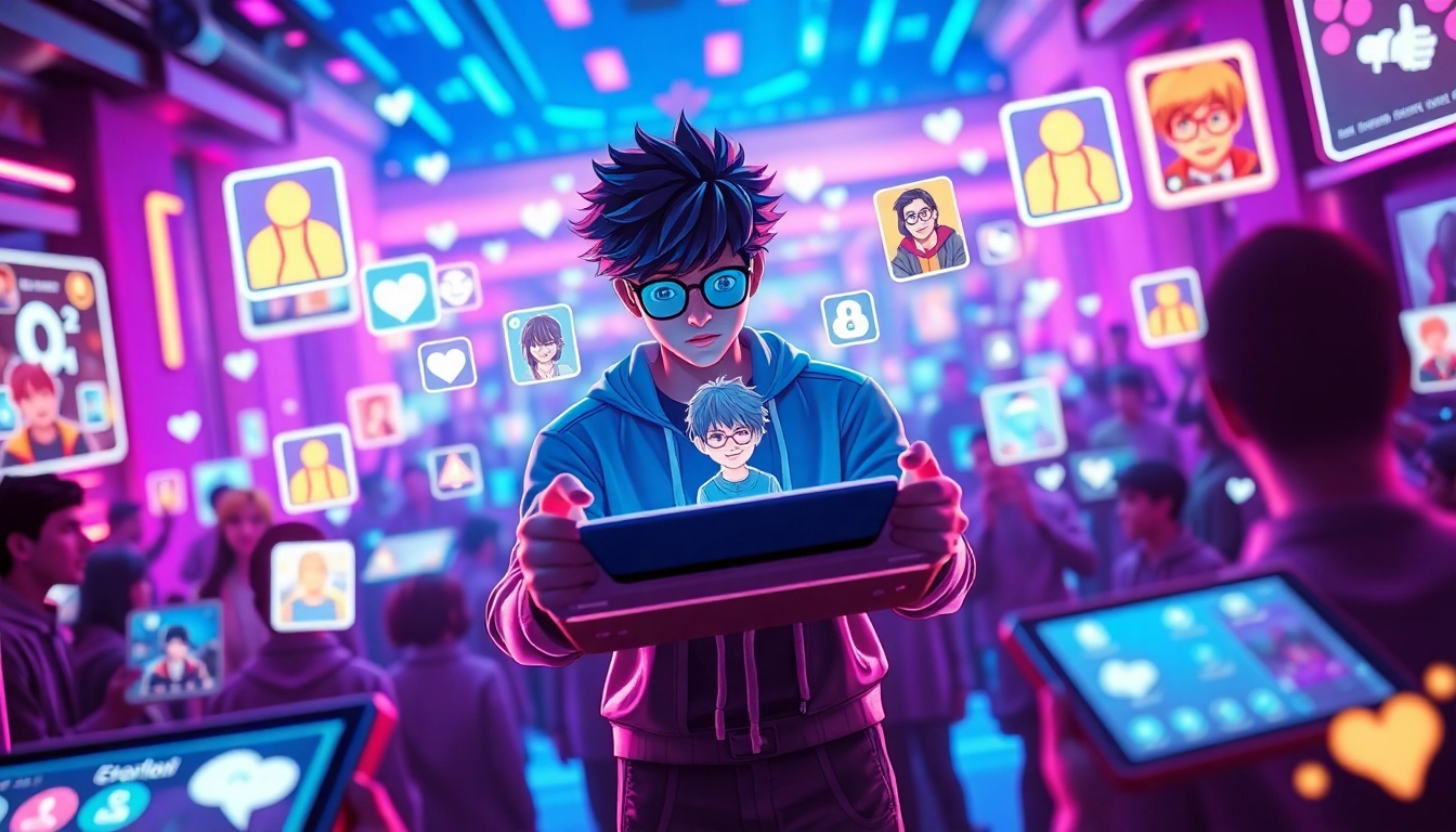 An immersive digital scene showing a futuristic social media environment with holographic interfaces, virtual characters from fandoms, and a central figure creating an avatar with glowing icons around, set against a neon-lit, high-tech background.