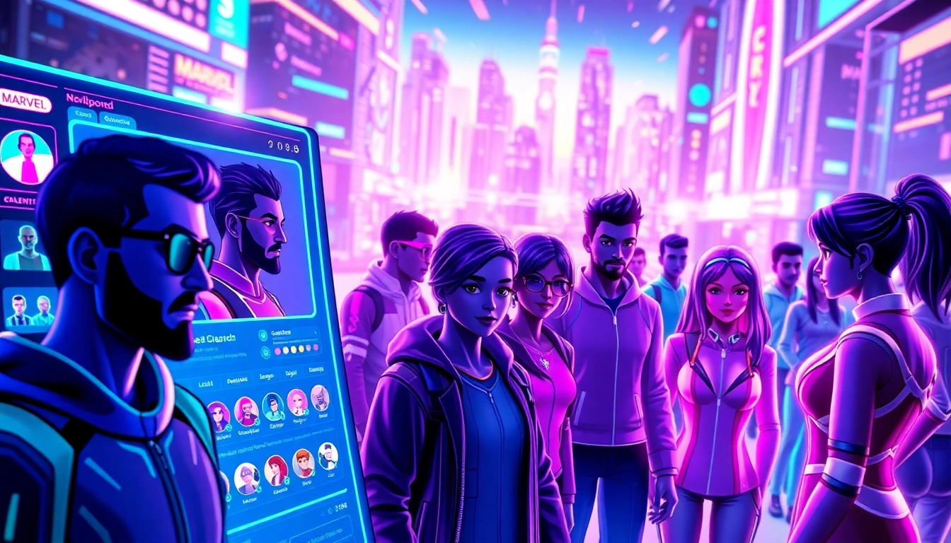 An illustration of a colorful, futuristic social media dashboard with avatars and fandom characters in a vibrant digital environment.