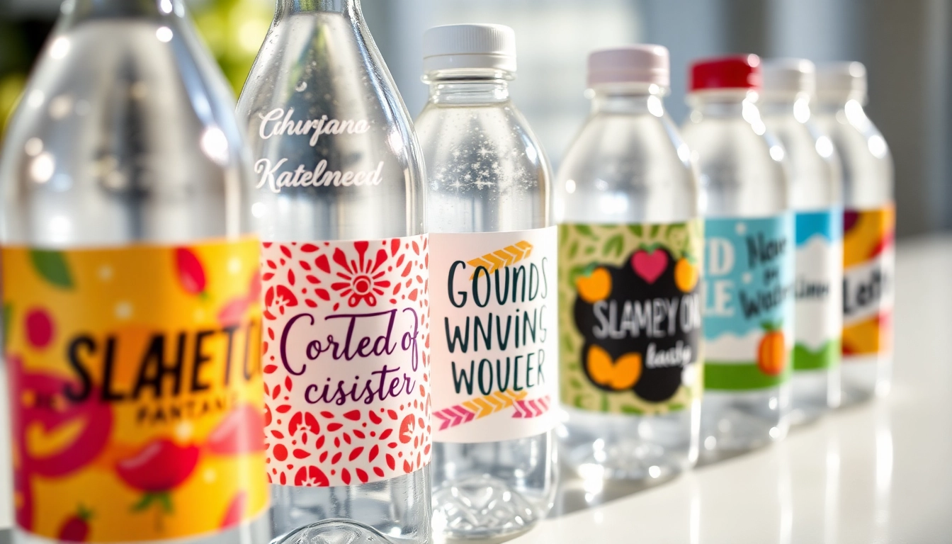 Custom water bottle labels being applied to water bottles, showcasing waterproof finishes and vibrant designs for events and branding.