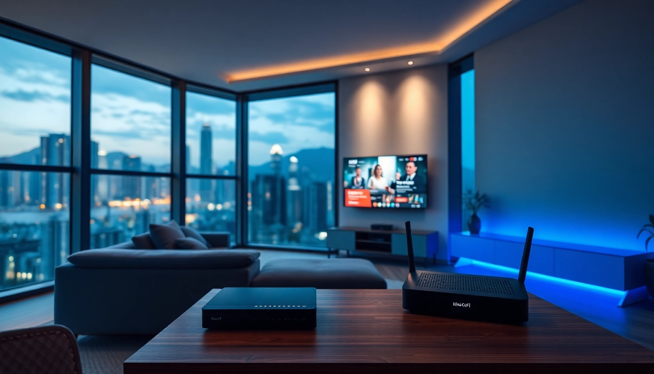 香港家居客廳內，展示高速寬頻網絡的現代室內場景，窗外是繁華的城市天際線，營造出科技與都市生活的氛圍。