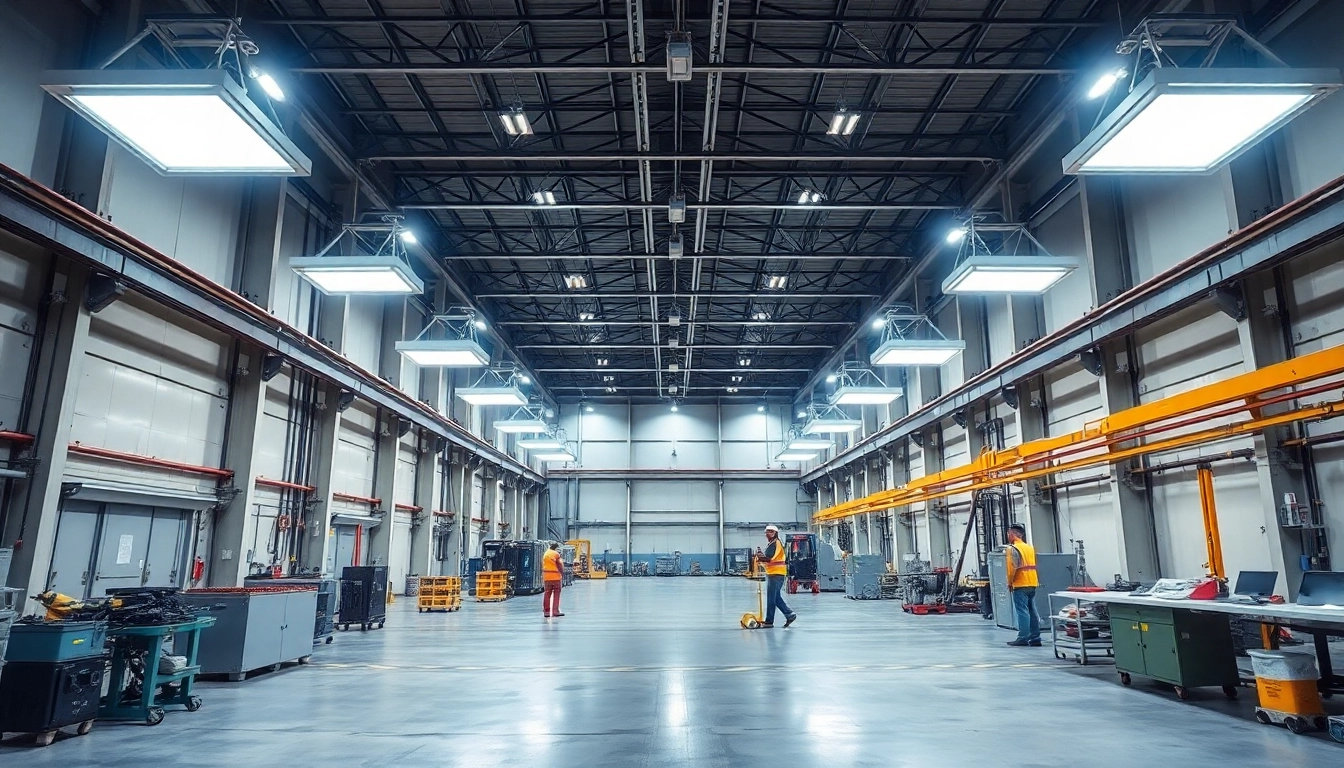 Moderne Industriehalle mit LED-Beleuchtung, helle und effiziente Beleuchtung in einer Produktionsumgebung.