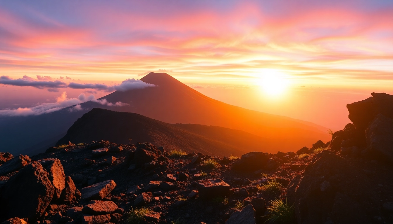 Sunrise over Mount Rinjani's summit with vibrant colors and dramatic lighting.