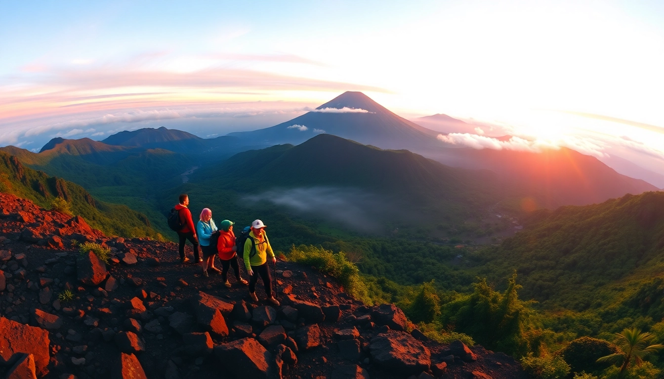 Hikers overlooking Mount Rinjani's crater rim at sunrise with vibrant colors and lush landscape.
