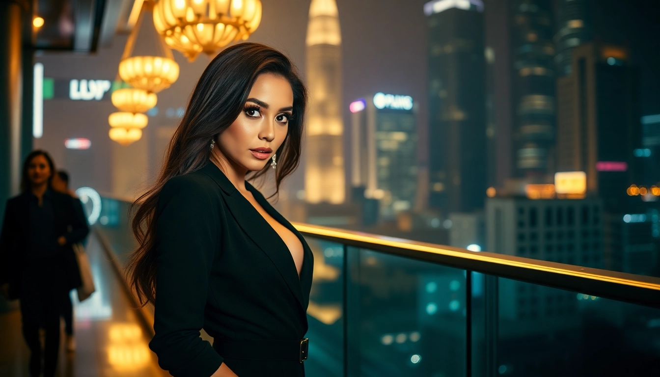 KL escort girl confidently posing in Kuala Lumpur city at night, showcasing elegance and charm for refined clientele.