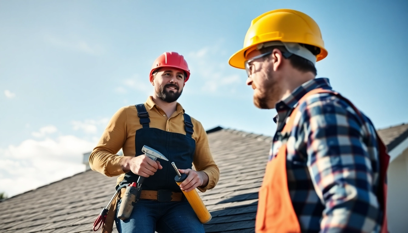 Experienced roofing contractors assessing a residential roof to ensure quality and durability during a bright sunny day