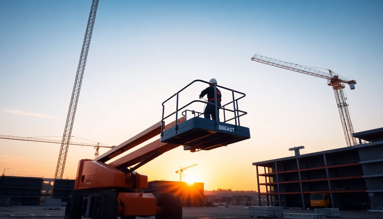 Reliable boom lift rental in action on a construction site with workers operating at height, ensuring safety and efficiency for building projects.