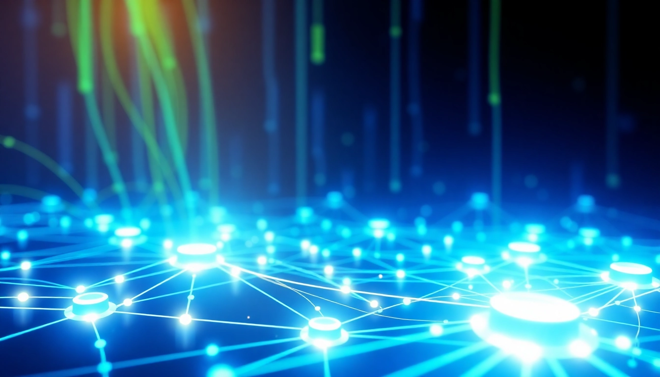 Illustration showing a secure blockchain network with interconnected nodes and digital data