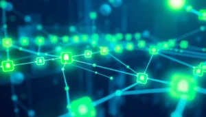 Blockchain technology visual showing interconnected nodes and secure digital ledger for
