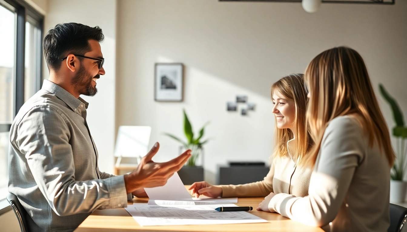 Professioneller Immobilienmakler Grevenbroich berät zufriedene Kunden bei der Immobilienvermittlung in einer modernen, hellen Umgebung.