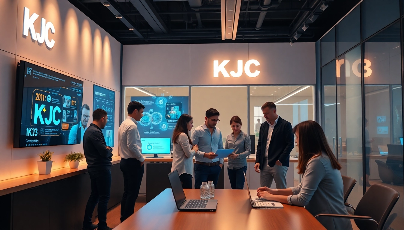 KJC logo displayed prominently with a dynamic team working on digital entertainment solutions