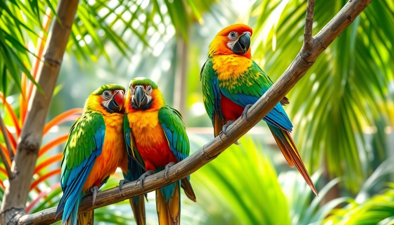 Brightly colored parrots flying through tropical rainforest canopy for bird enthusiasts